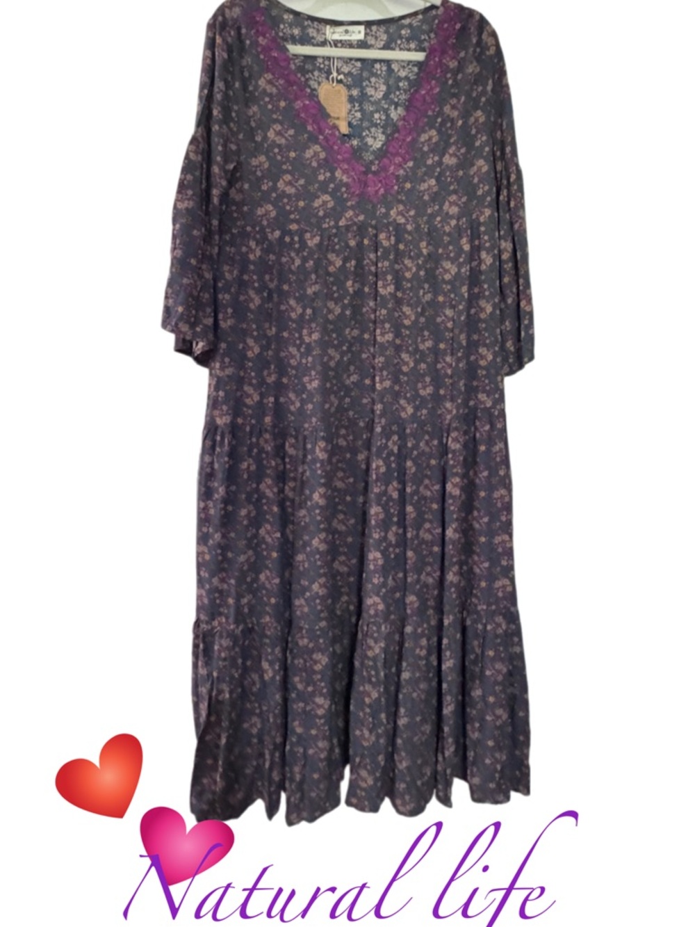 NATURAL LIFE Navy/Purple Floral Lace-Trim Boho Maxi Dress